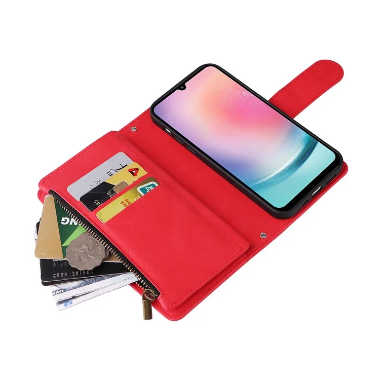Para Samsung Galaxy S23 FE Múltiples Ranuras para Tarjetas Piel Táctil Funda de Teléfono con Bolsillo Cremallera Billetera de Pie Cubierta - Rojo