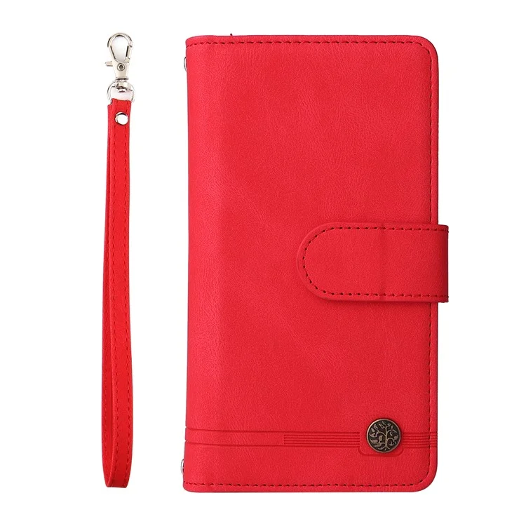 Para Samsung Galaxy S23 FE Múltiples Ranuras para Tarjetas Piel Táctil Funda de Teléfono con Bolsillo Cremallera Billetera de Pie Cubierta - Rojo