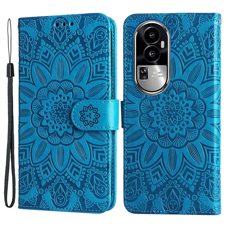 Per Oppo Reno10 Pro 5G (Global) / Reno10 5G (Global) Custodia wallet in pelle PU con motivo a girasole, stand pieghevole - Blu