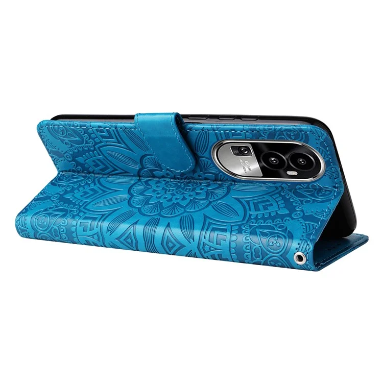 Per Oppo Reno10 Pro 5G (Global) / Reno10 5G (Global) Custodia wallet in pelle PU con motivo a girasole, stand pieghevole - Blu