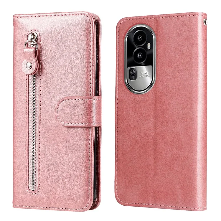 Pour Oppo Reno10 Pro 5G (Global) / Reno10 5G (Global) Calf Texture Leather Phone Case Zipper Pocket Wallet Stand Cover - Rose