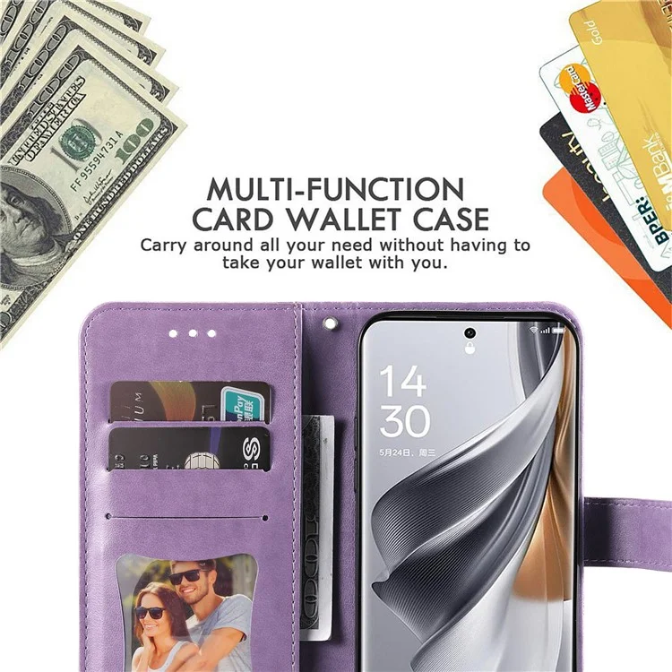Pour Oppo Reno10 Pro 5G (Global) / Reno10 5G (Global) Flower Imprinted Leather Stand Wallet Cover Anti-drop Phone Case - Purple