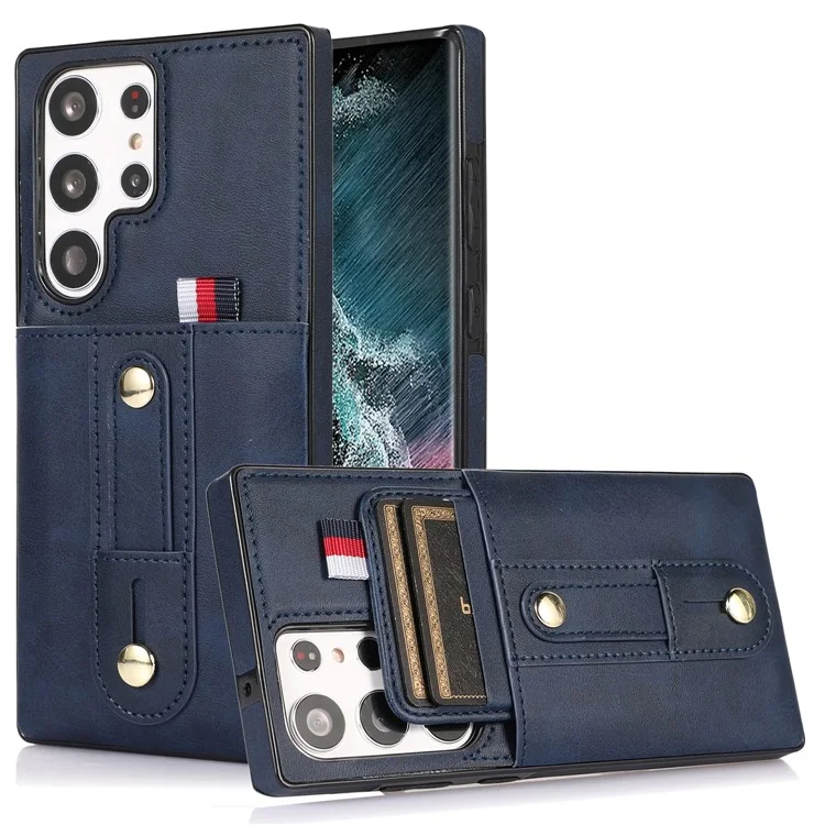 Para Samsung Galaxy S22 Ultra 5G Tope de Kickstand Case PU Cuero Recubierto TPU Anti-drop Retro Phone Cover - Azul