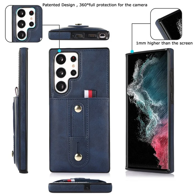 Para Samsung Galaxy S22 Ultra 5G Tope de Kickstand Case PU Cuero Recubierto TPU Anti-drop Retro Phone Cover - Azul
