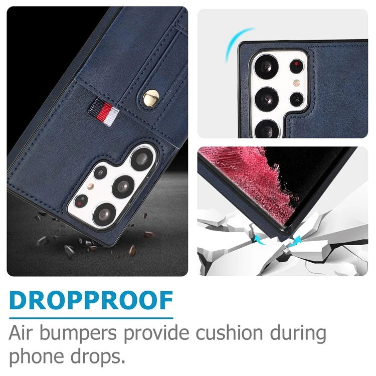 Para Samsung Galaxy S22 Ultra 5G Tope de Kickstand Case PU Cuero Recubierto TPU Anti-drop Retro Phone Cover - Azul