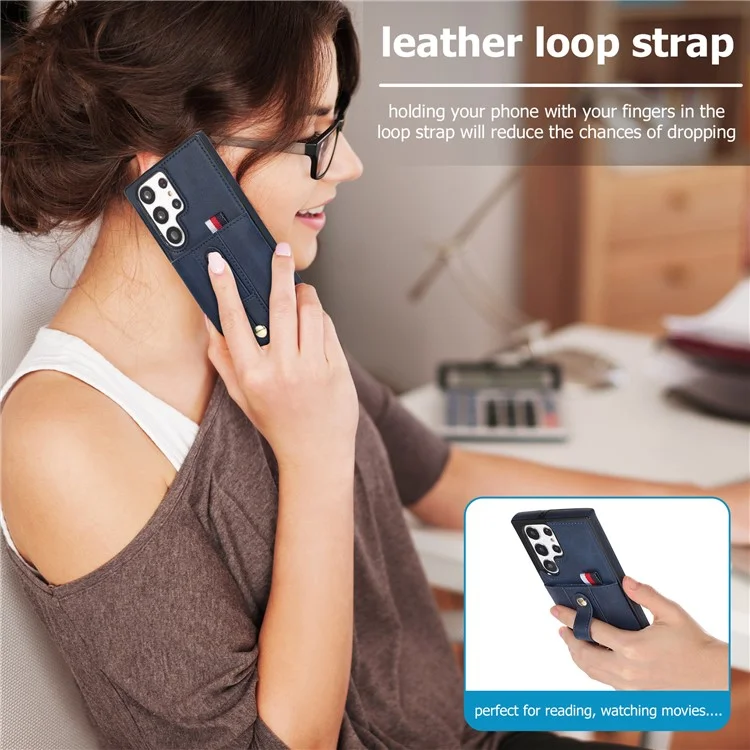 Para Samsung Galaxy S22 Ultra 5G Tope de Kickstand Case PU Cuero Recubierto TPU Anti-drop Retro Phone Cover - Azul