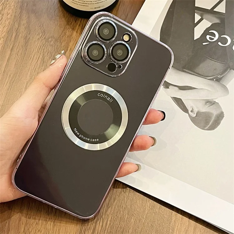 Pour iPhone 14 Pro PC+TPU Coque de Téléphone Vue du Logo Électroplaquage Couvercle Magnétique avec Protecteur d'Objectif - Argent