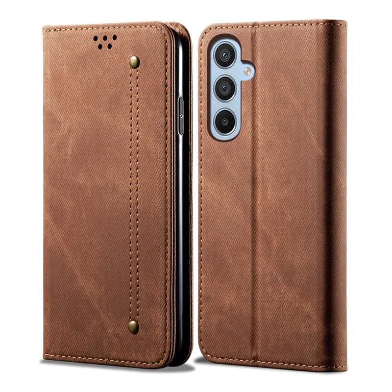 Pour Samsung Galaxy S23 FE Jeans Cloth Texture Wallet Case PU Leather Stand Phone Cover - Café