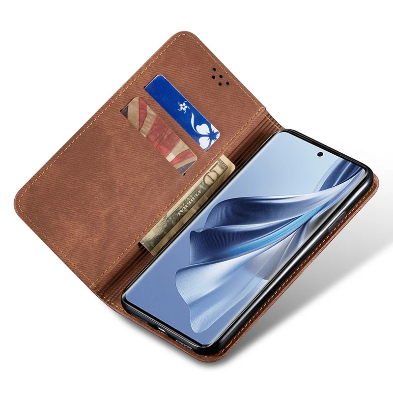 Pour Samsung Galaxy S23 FE Jeans Cloth Texture Wallet Case PU Leather Stand Phone Cover - Café