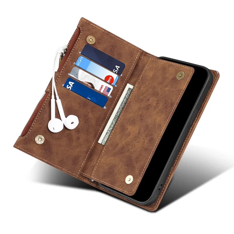 ESEBLE Star Series Leather Phone Case for Samsung Galaxy S23 FE Zipper Pocket RFID Blocking Wallet Stand Cover - Brown