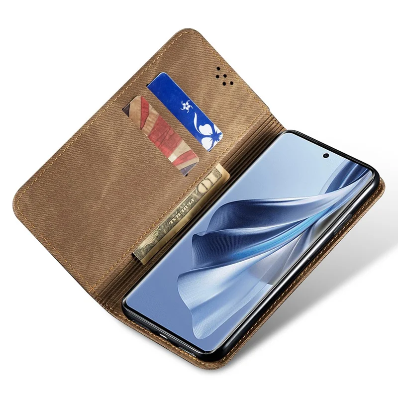 Cover per telefono con portafoglio in ecopelle con supporto per Oppo Reno10 5G (Global), rivestimento in tessuto effetto jeans - Khaki