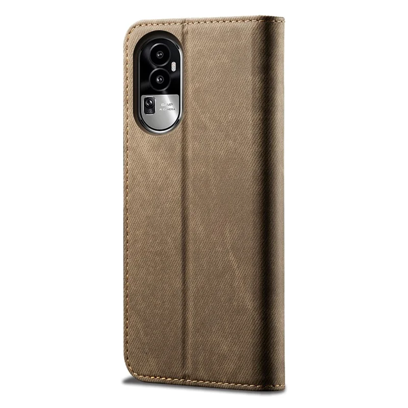 Cover per telefono con portafoglio in ecopelle con supporto per Oppo Reno10 5G (Global), rivestimento in tessuto effetto jeans - Khaki