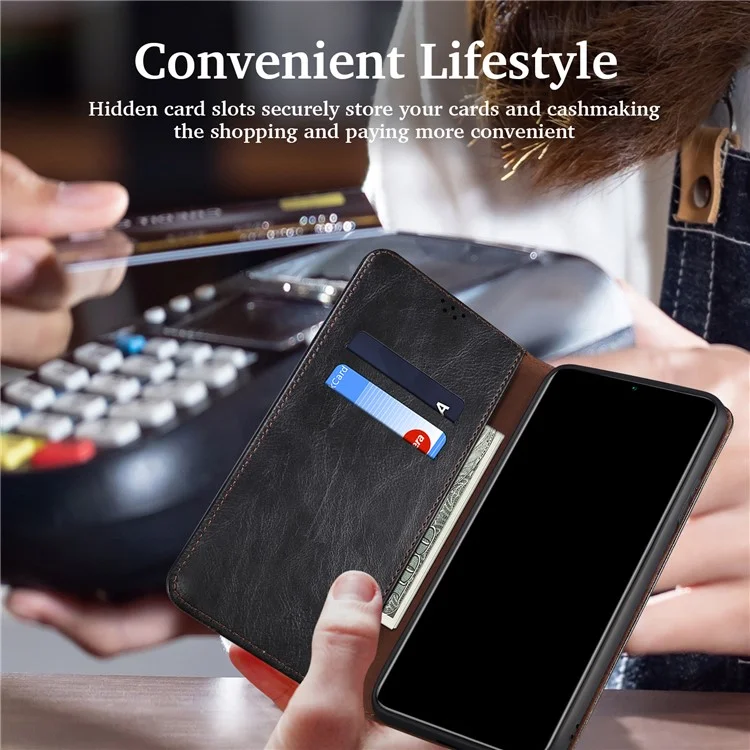 Wallet Phone Case for Samsung Galaxy S23 FE , Waxy Crazy Horse Texture Wallet Stand PU Leather Phone Cover - Black
