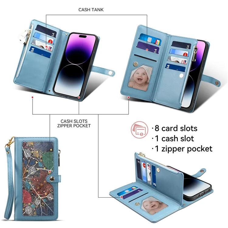 ESEBLE Stand Folio Cover for Samsung Galaxy S23 FE , RFID Blocking Leather Zipper Pocket Wallet Phone Case - Blue