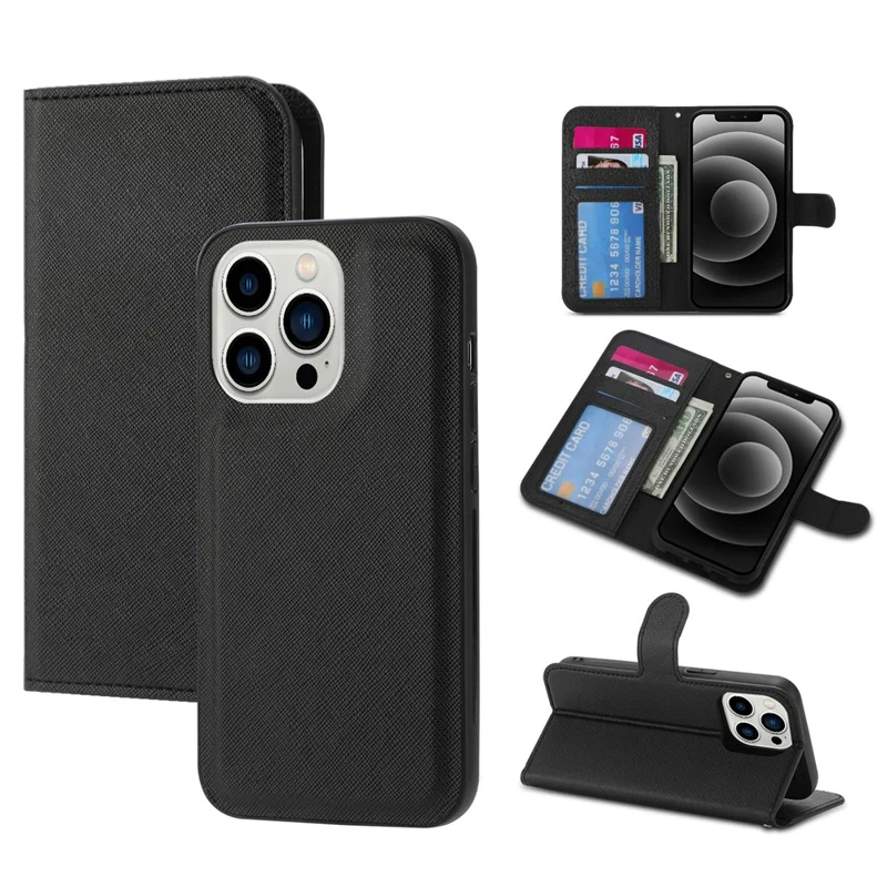 For iPhone 15 Pro Detachable Magnetic Wallet Case PU Leather Cross Texture Stand Phone Cover - Black