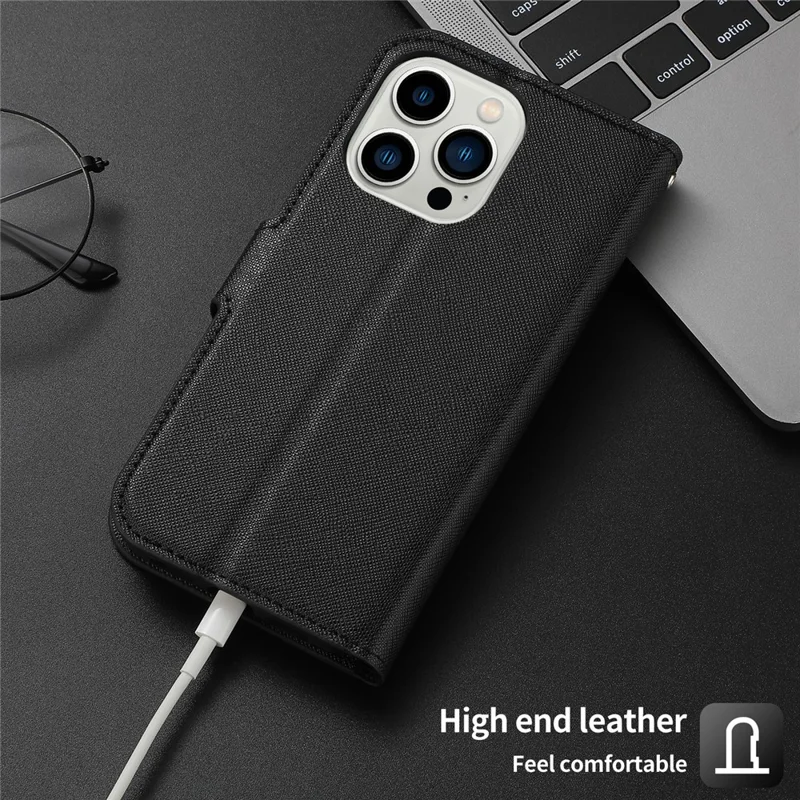 For iPhone 15 Pro Detachable Magnetic Wallet Case PU Leather Cross Texture Stand Phone Cover - Black