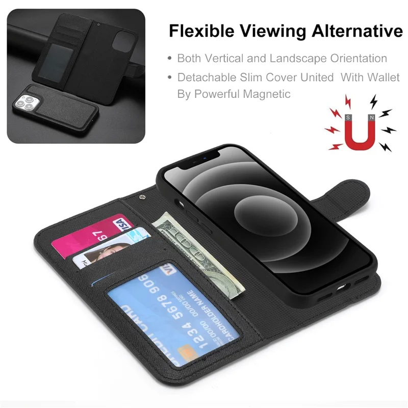 For iPhone 15 Pro Detachable Magnetic Wallet Case PU Leather Cross Texture Stand Phone Cover - Black