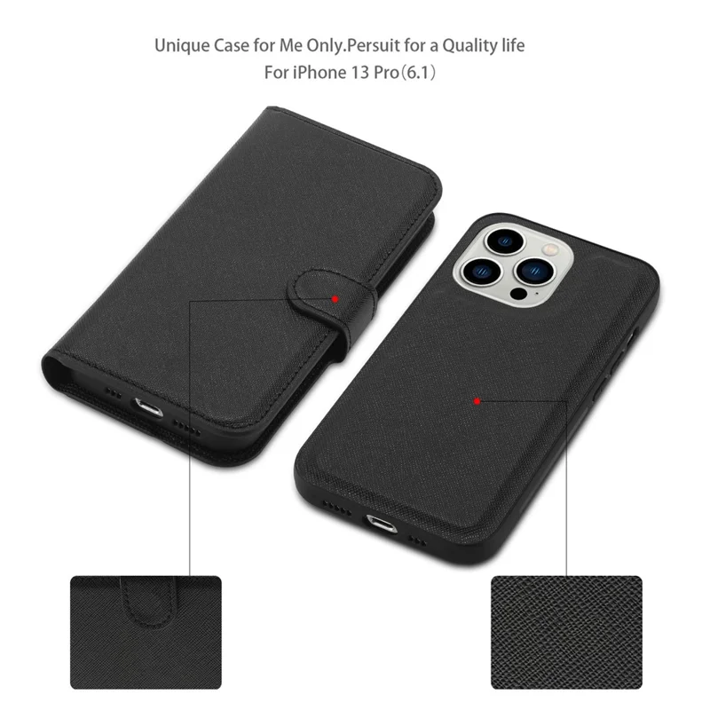 For iPhone 15 Pro Detachable Magnetic Wallet Case PU Leather Cross Texture Stand Phone Cover - Black