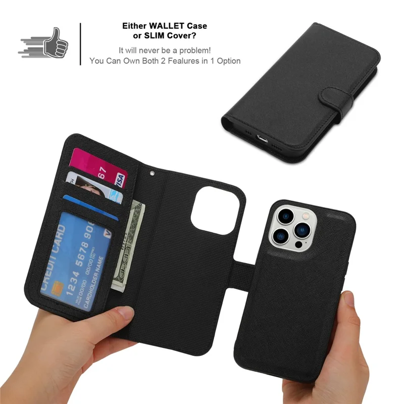 For iPhone 15 Pro Detachable Magnetic Wallet Case PU Leather Cross Texture Stand Phone Cover - Black