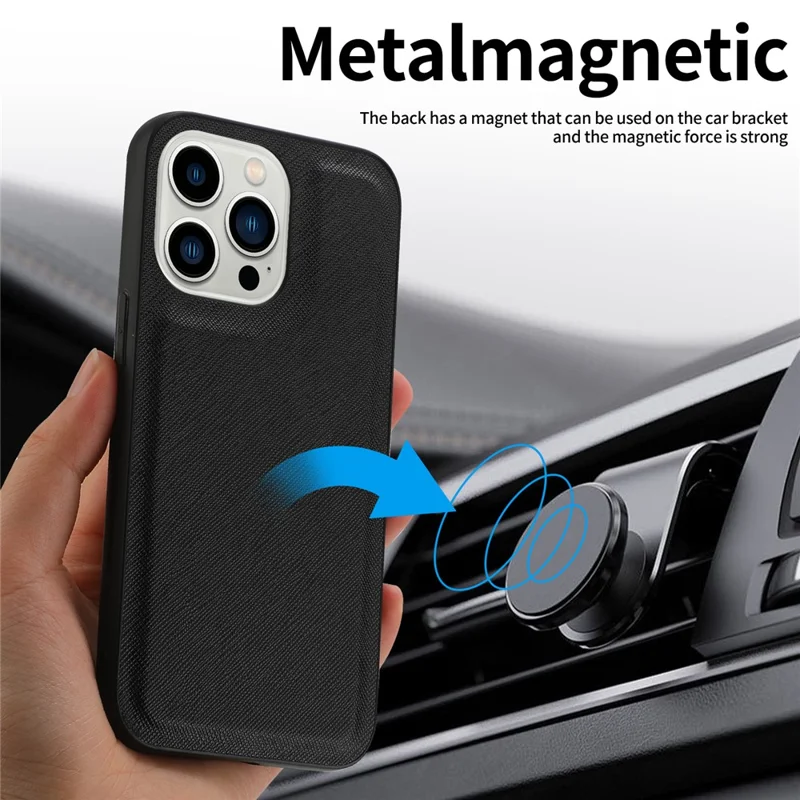For iPhone 15 Pro Detachable Magnetic Wallet Case PU Leather Cross Texture Stand Phone Cover - Black