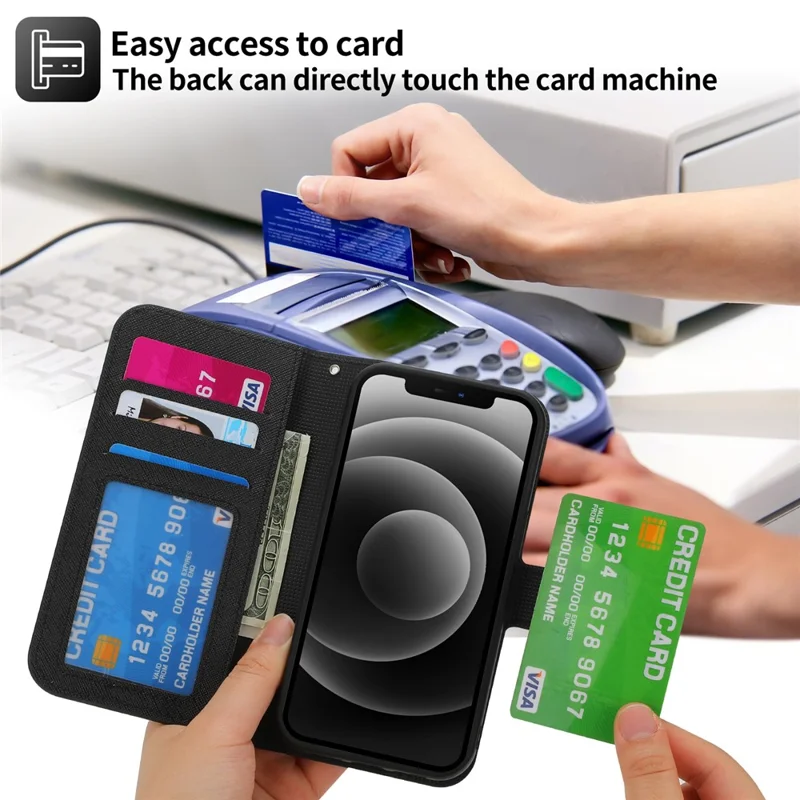 For iPhone 15 Plus PU Leather Wallet Case Cross Texture Stand 2-in-1 Detachable Phone Cover - Black