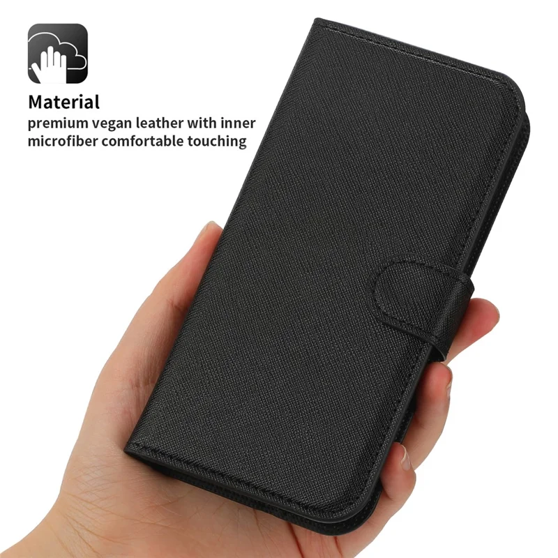 For iPhone 15 Plus PU Leather Wallet Case Cross Texture Stand 2-in-1 Detachable Phone Cover - Black