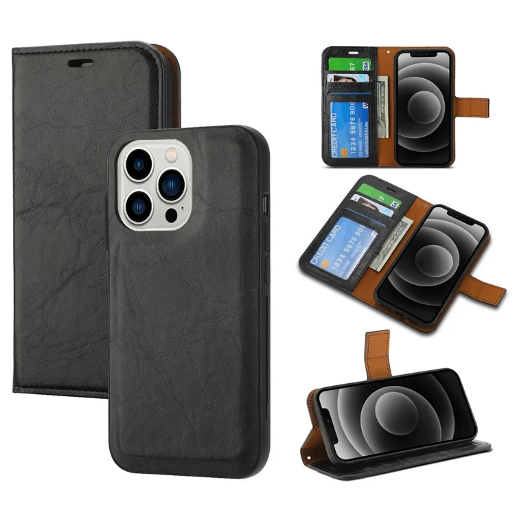 Magnetic Absorption Wallet Phone Case for iPhone 15 Plus Detachable 2-in-1 Crazy Horse Texture PU Phone Cover - Black