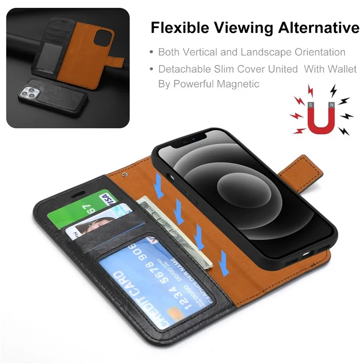 Magnetic Absorption Wallet Phone Case for iPhone 15 Plus Detachable 2-in-1 Crazy Horse Texture PU Phone Cover - Black