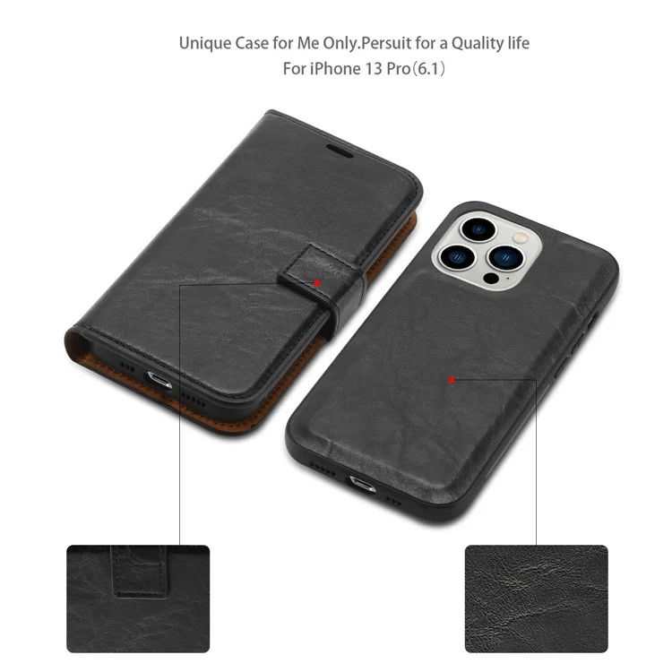 Magnetic Absorption Wallet Phone Case for iPhone 15 Plus Detachable 2-in-1 Crazy Horse Texture PU Phone Cover - Black