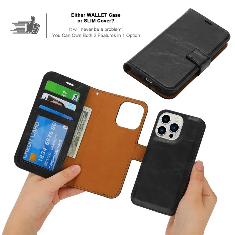 Magnetic Absorption Wallet Phone Case for iPhone 15 Plus Detachable 2-in-1 Crazy Horse Texture PU Phone Cover - Black