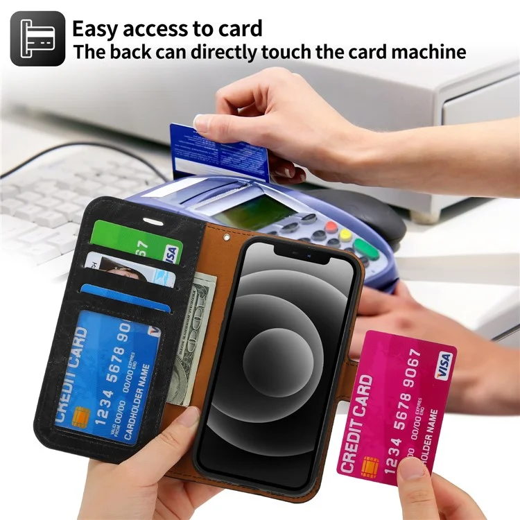Magnetic Absorption Wallet Phone Case for iPhone 15 Plus Detachable 2-in-1 Crazy Horse Texture PU Phone Cover - Black