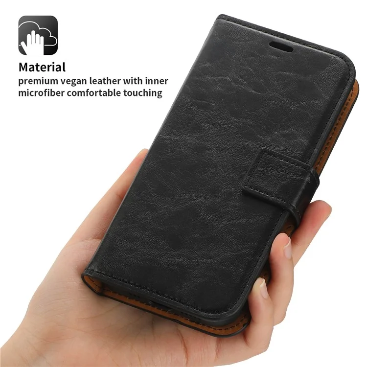 Magnetic Absorption Wallet Phone Case for iPhone 15 Plus Detachable 2-in-1 Crazy Horse Texture PU Phone Cover - Black