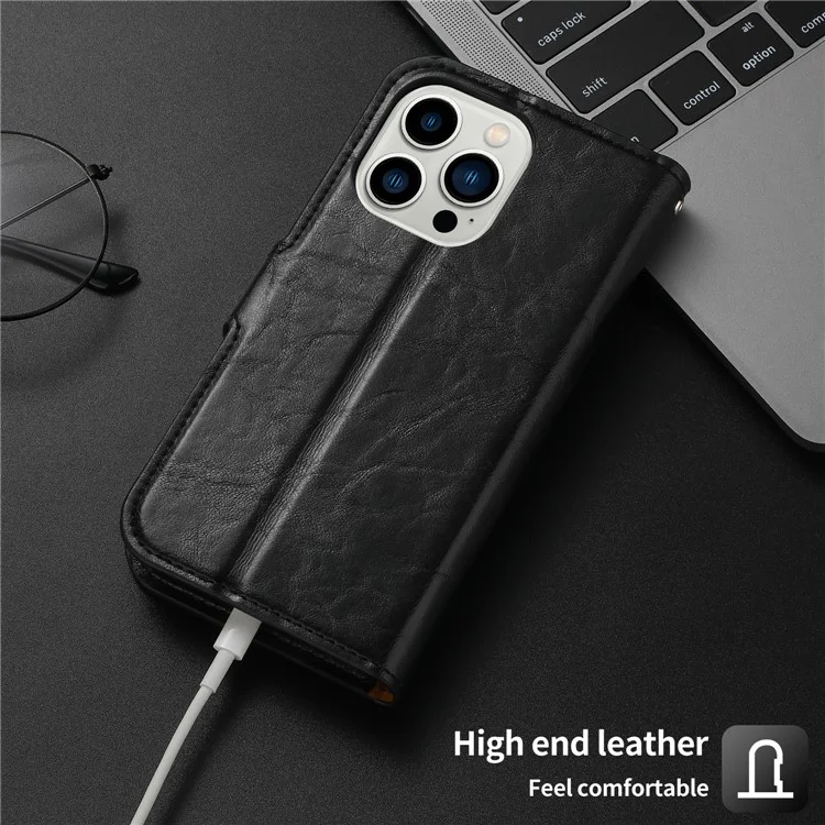 Magnetic Absorption Wallet Phone Case for iPhone 15 Plus Detachable 2-in-1 Crazy Horse Texture PU Phone Cover - Black
