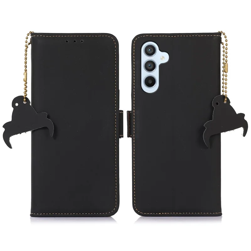 For Samsung Galaxy F34 5G / M34 5G RFID Blocking Genuine Cow Leather Phone Case Wallet Silky Feeling Stand Cover - Black