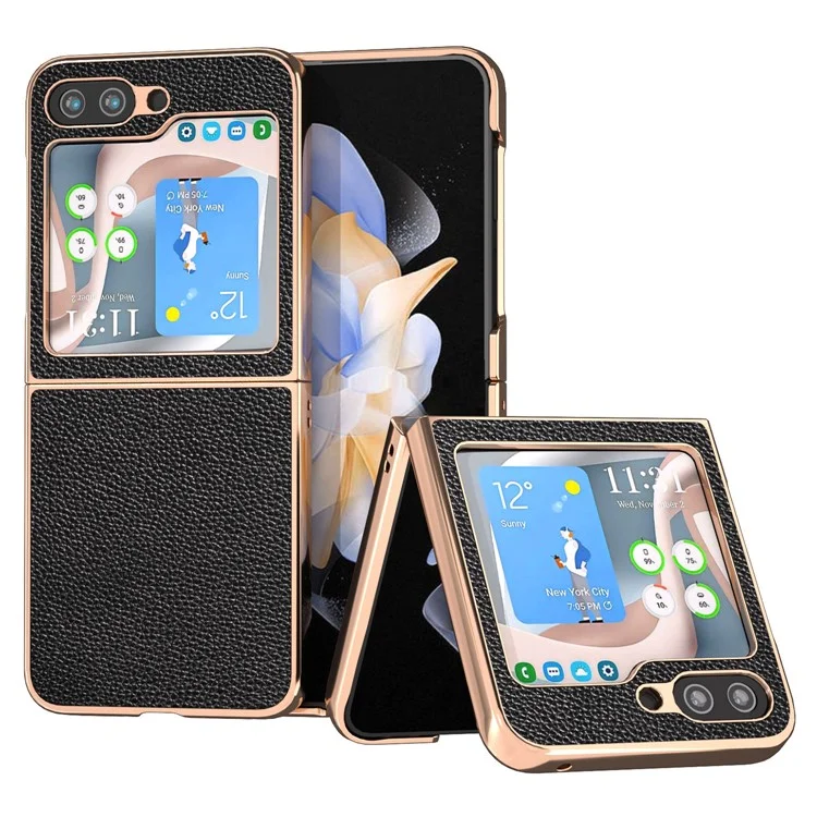 For Samsung Galaxy Z Flip5 5G Electroplating Back Cover Genuine Cow Leather + PC Litchi Texture Phone Case - Black