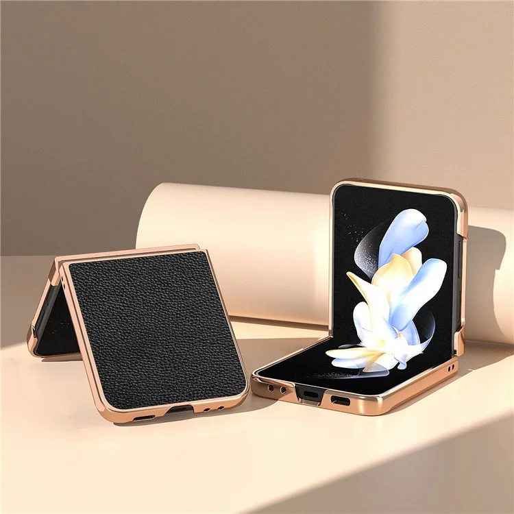 For Samsung Galaxy Z Flip5 5G Electroplating Back Cover Genuine Cow Leather + PC Litchi Texture Phone Case - Black