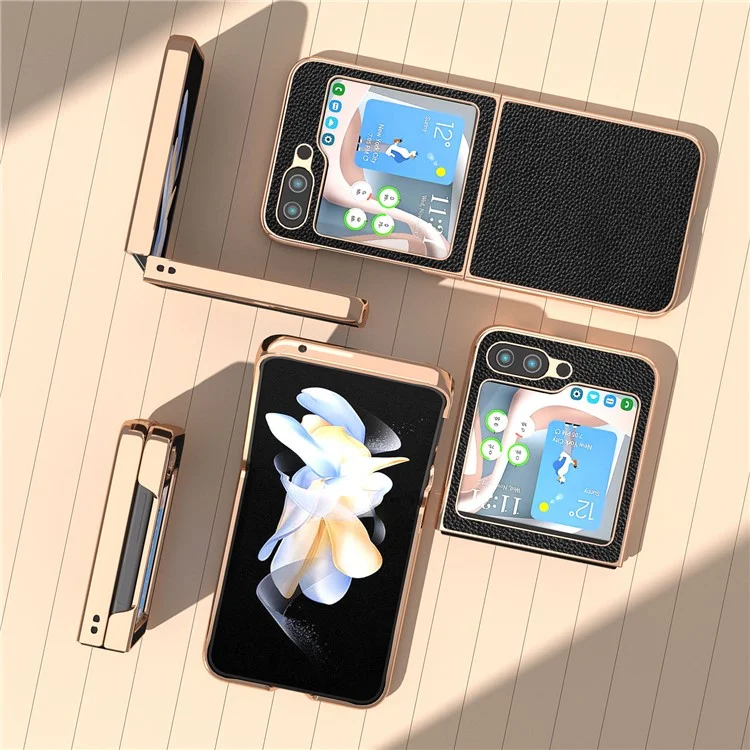 For Samsung Galaxy Z Flip5 5G Electroplating Back Cover Genuine Cow Leather + PC Litchi Texture Phone Case - Black