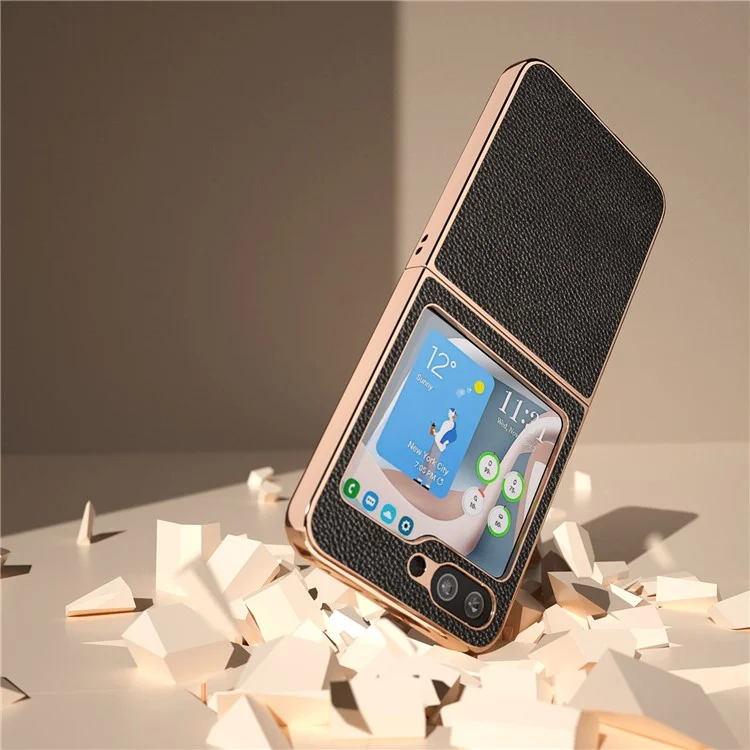 For Samsung Galaxy Z Flip5 5G Electroplating Back Cover Genuine Cow Leather + PC Litchi Texture Phone Case - Black