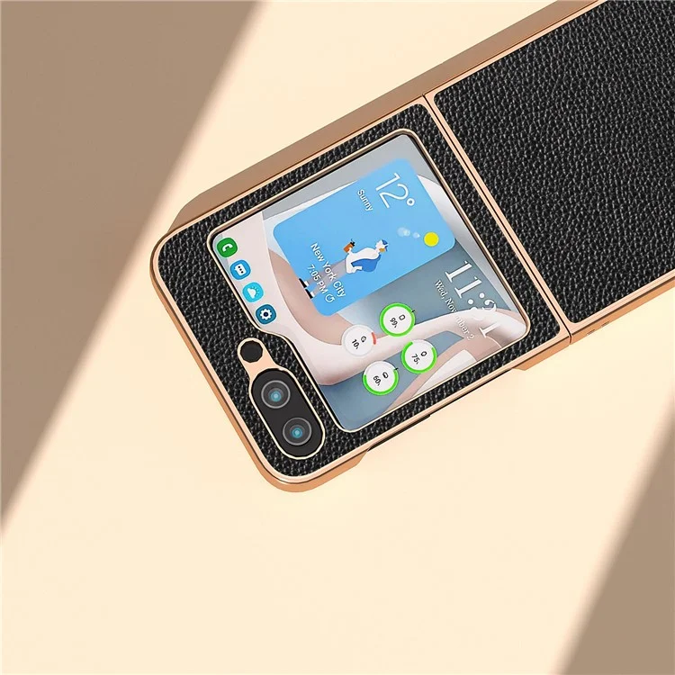 For Samsung Galaxy Z Flip5 5G Electroplating Back Cover Genuine Cow Leather + PC Litchi Texture Phone Case - Black