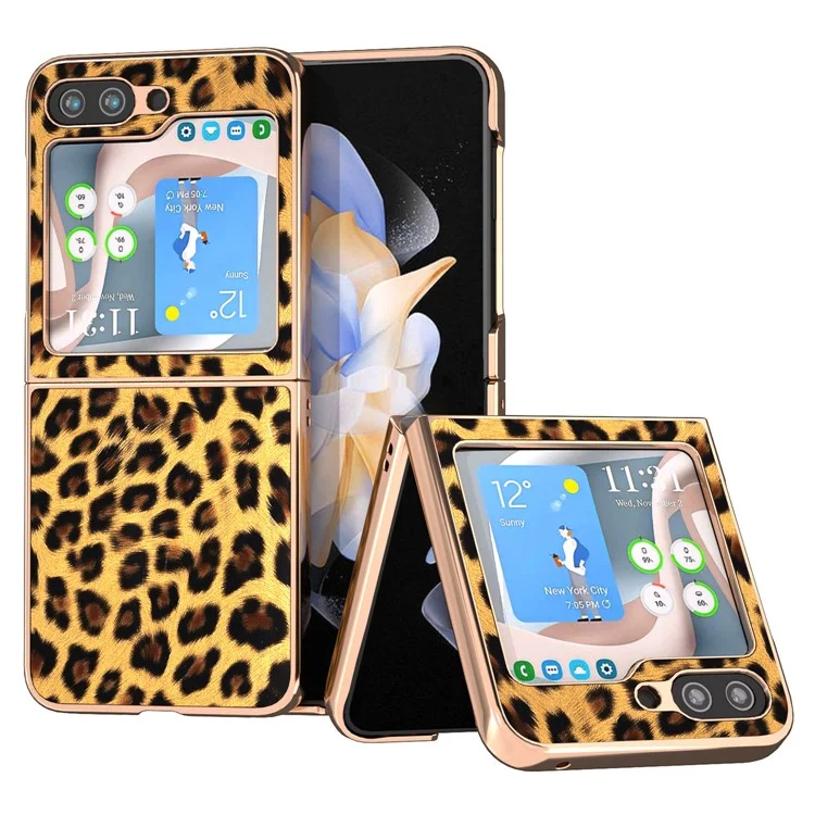For Samsung Galaxy Z Flip5 5G Leopard Pattern Phone Case PU Leather + PC Electroplating Cover - Gold