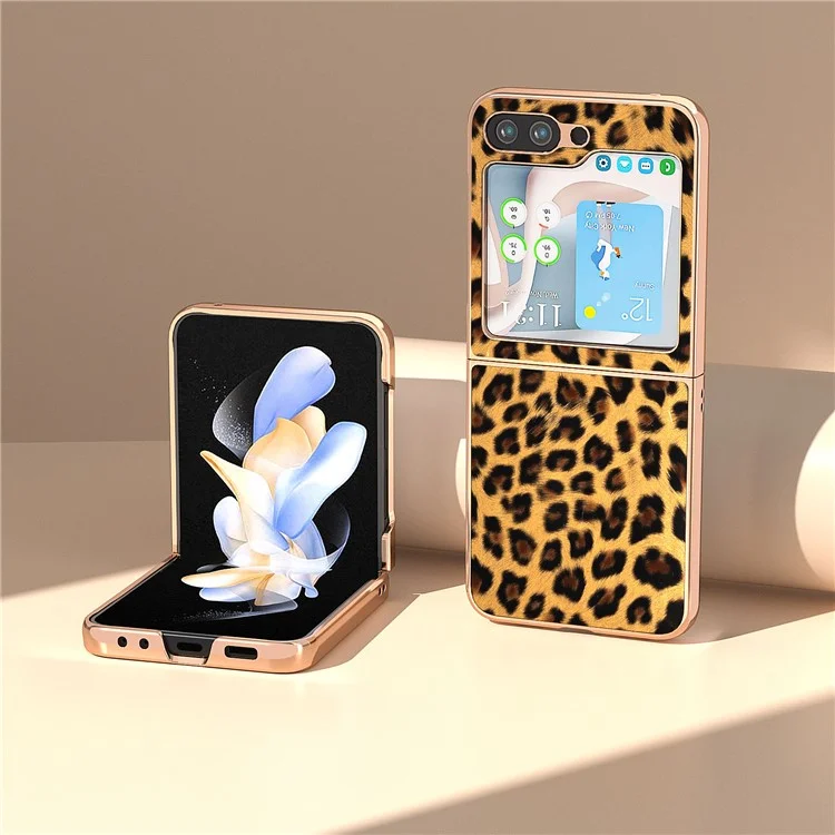 For Samsung Galaxy Z Flip5 5G Leopard Pattern Phone Case PU Leather + PC Electroplating Cover - Gold
