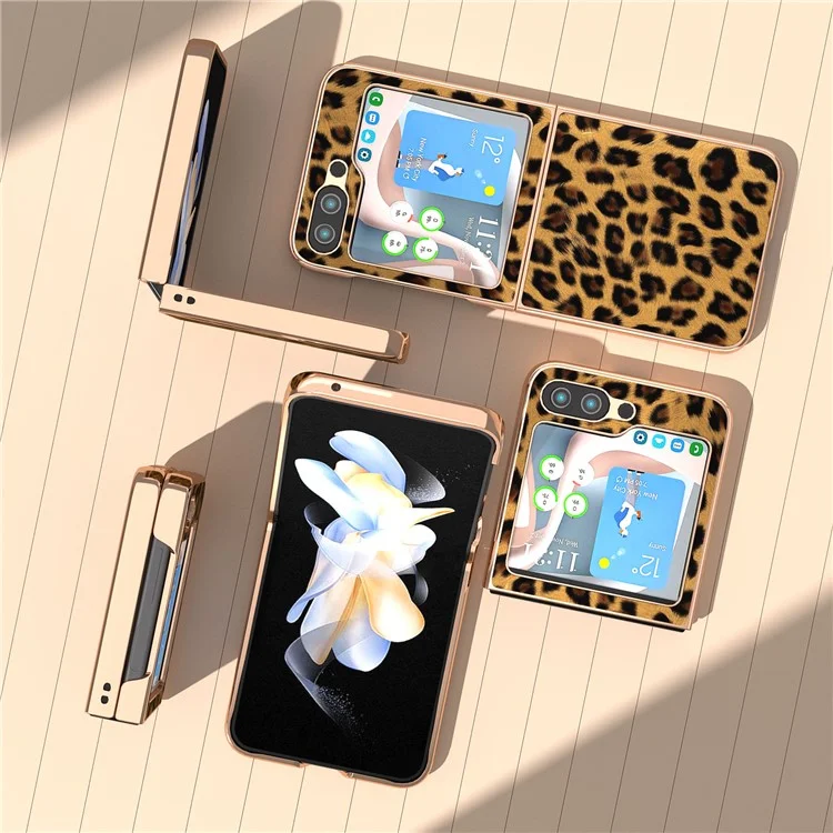 For Samsung Galaxy Z Flip5 5G Leopard Pattern Phone Case PU Leather + PC Electroplating Cover - Gold