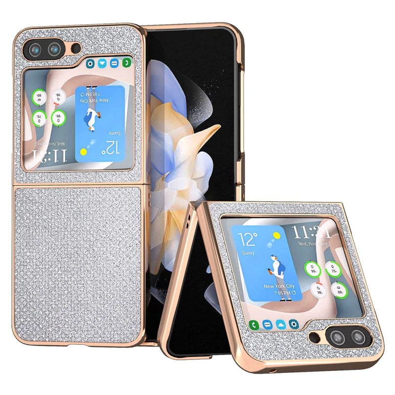 For Samsung Galaxy Z Flip5 5G PU Leather + PC Anti-Drop Case Rhinestone Texture Electroplating Frame Phone Cover - Silver