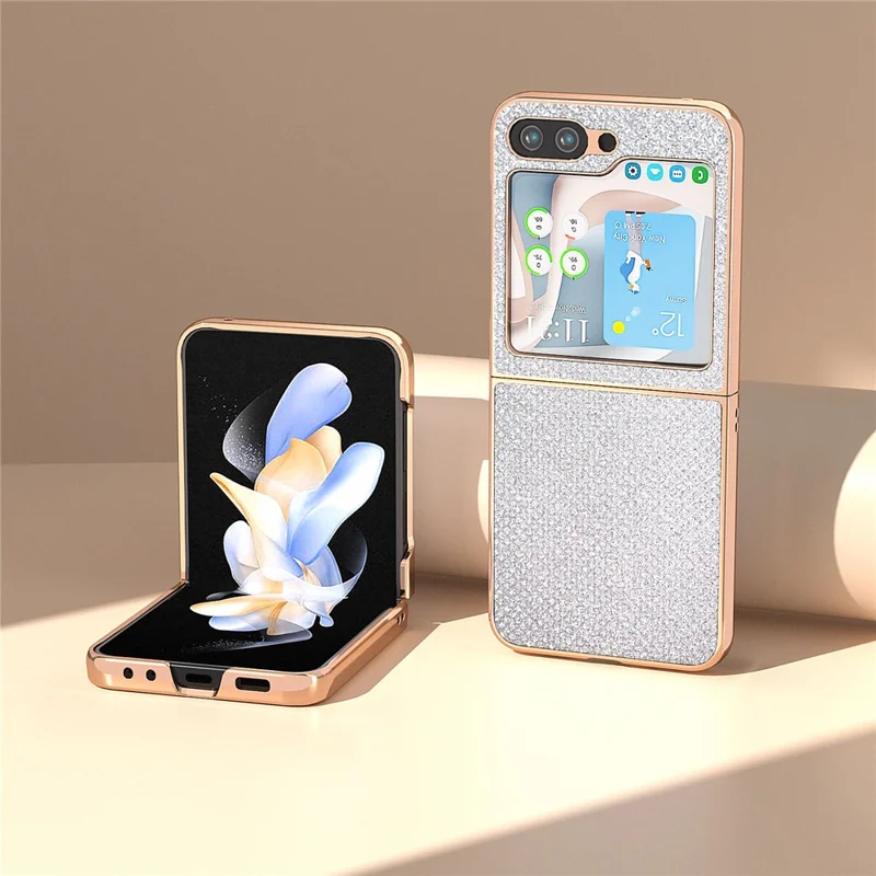 For Samsung Galaxy Z Flip5 5G PU Leather + PC Anti-Drop Case Rhinestone Texture Electroplating Frame Phone Cover - Silver