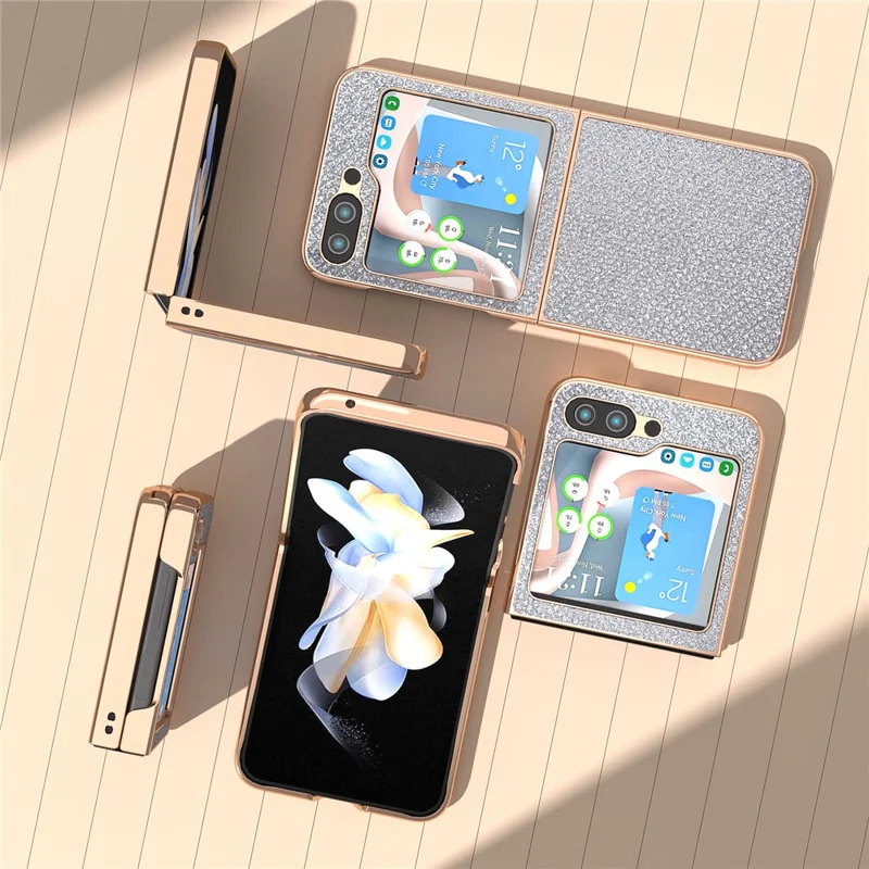 For Samsung Galaxy Z Flip5 5G PU Leather + PC Anti-Drop Case Rhinestone Texture Electroplating Frame Phone Cover - Silver