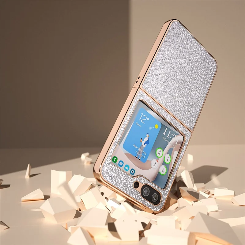 For Samsung Galaxy Z Flip5 5G PU Leather + PC Anti-Drop Case Rhinestone Texture Electroplating Frame Phone Cover - Silver