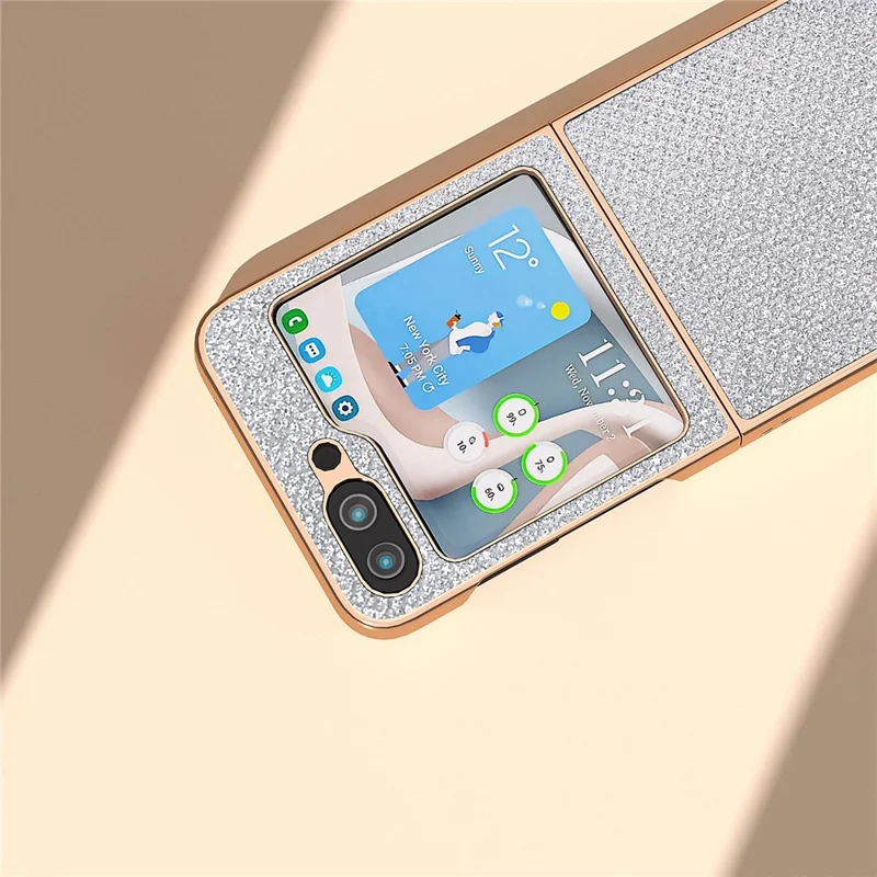 For Samsung Galaxy Z Flip5 5G PU Leather + PC Anti-Drop Case Rhinestone Texture Electroplating Frame Phone Cover - Silver