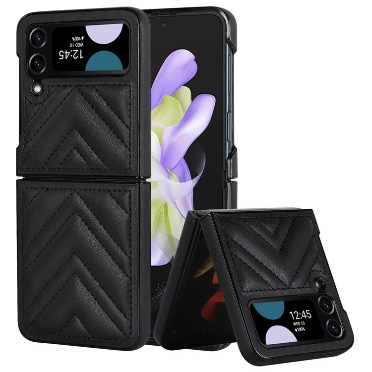 For Samsung Galaxy Z Flip4 5G V-Shape Stitching Phone Case PU Leather Coated PC Anti-Scratch Cover - Black