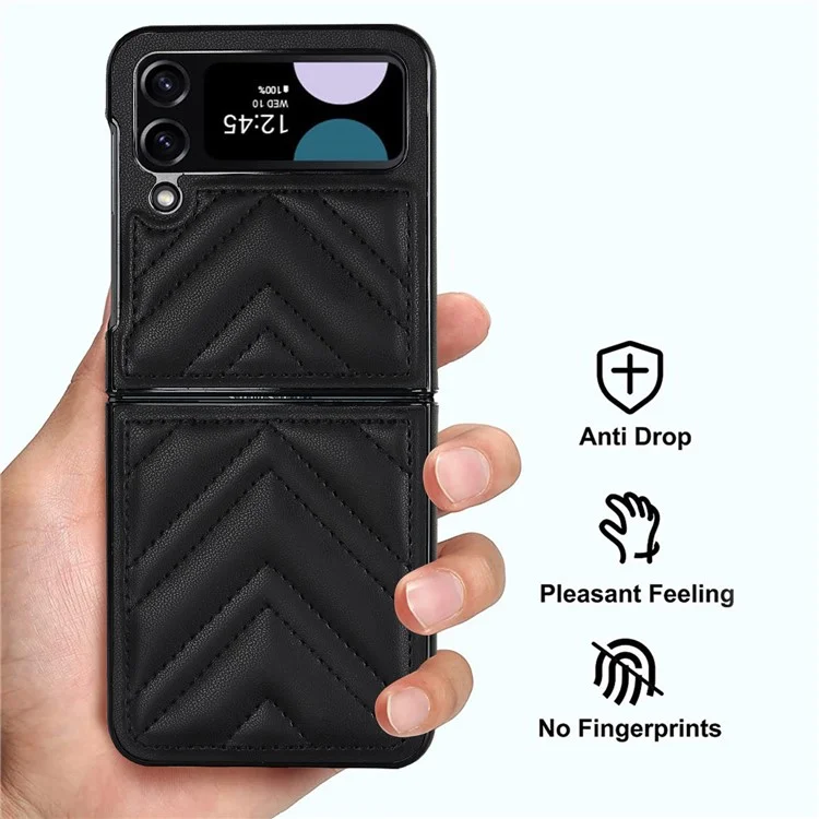 For Samsung Galaxy Z Flip4 5G V-Shape Stitching Phone Case PU Leather Coated PC Anti-Scratch Cover - Black