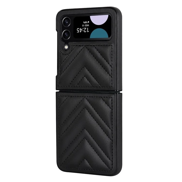 For Samsung Galaxy Z Flip4 5G V-Shape Stitching Phone Case PU Leather Coated PC Anti-Scratch Cover - Black